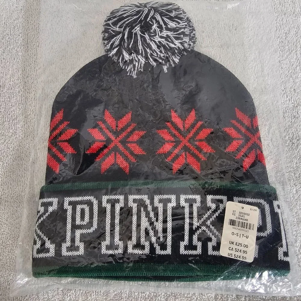 Victoria's Secret PINK Snowflake Beanie Winter Hat w Pom Pom Black Red Green New - Picture 4 of 5